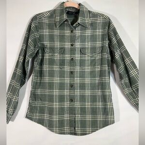 KRAZY KAT FLANNEL BUTTON UP SHIRT‎ 100% COTTON POCKETS WOMEN SZ S GREEN PREOWNED